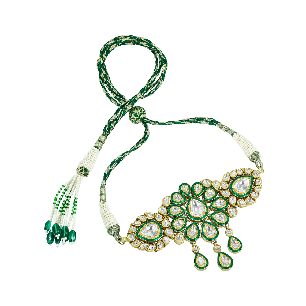 Polki Choker with Green Enamel, Floral Motif, and Teardrop Motif